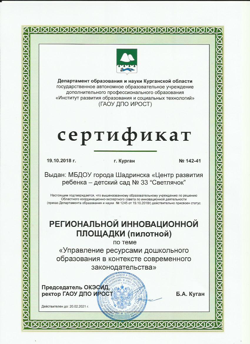 Сертификат Региональной инновационной площадки (пилотной)